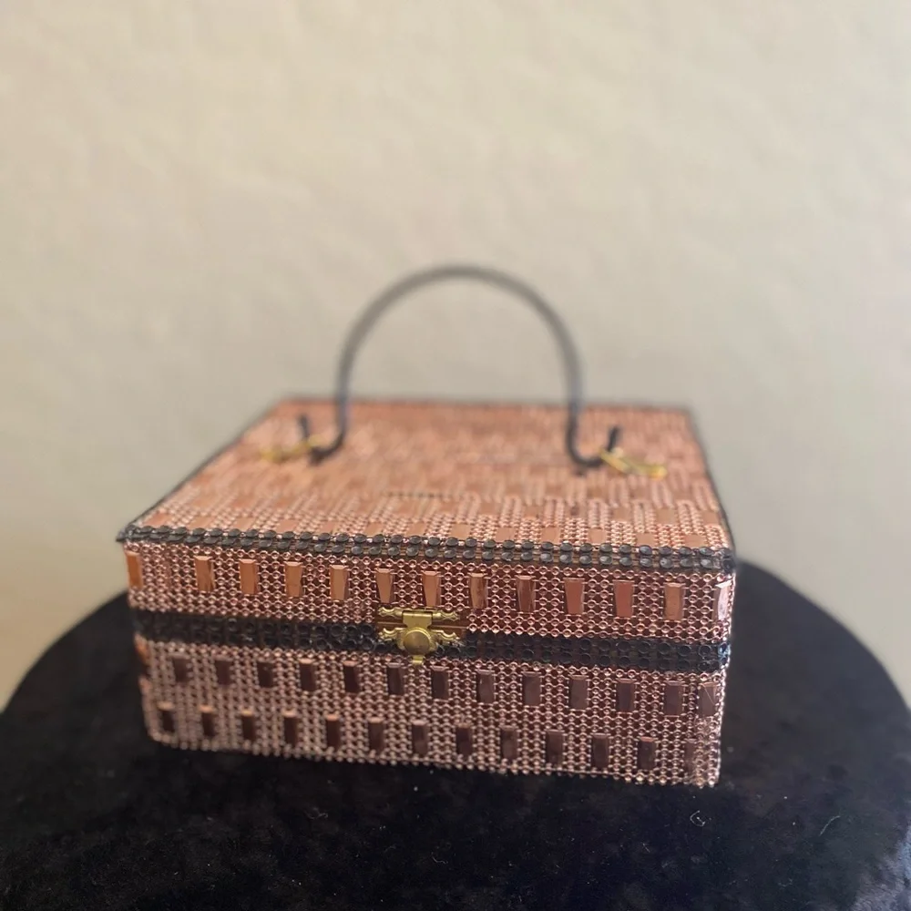 Rose Gold and Black Dress Box Purse with Black Handle, Mirror Inside - Picture 1 of 15